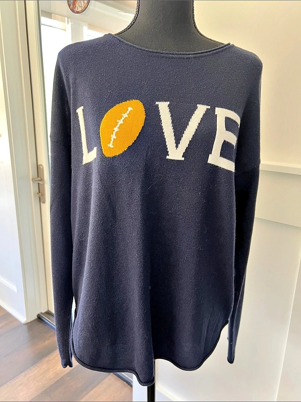 Rachel Zoe Love Football Graphic Knit Sweater Navy & White XL